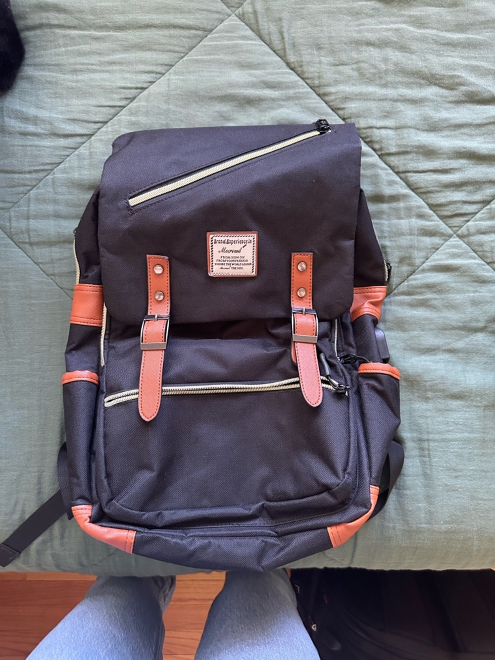 Unbranded Men's Black Backpack with Brown Trim